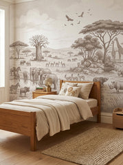 Sepia safari elephants wallpaper in a bedroom with a wooden bed and a jute rug.