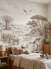 Sepia safari elephants wallpaper in a bedroom with a wooden bed and a globe.