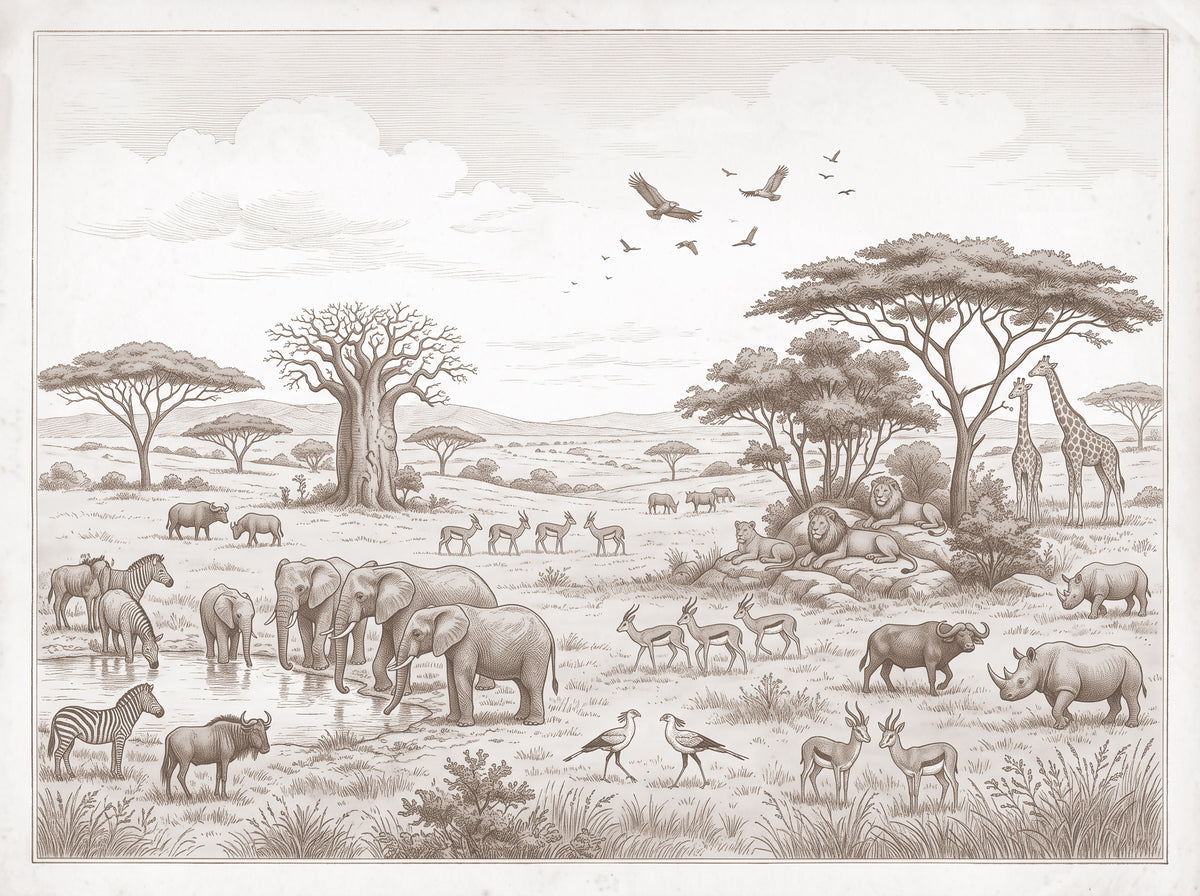 Safari Elephants Wallpaper – Sepia Savanna Animals Mural