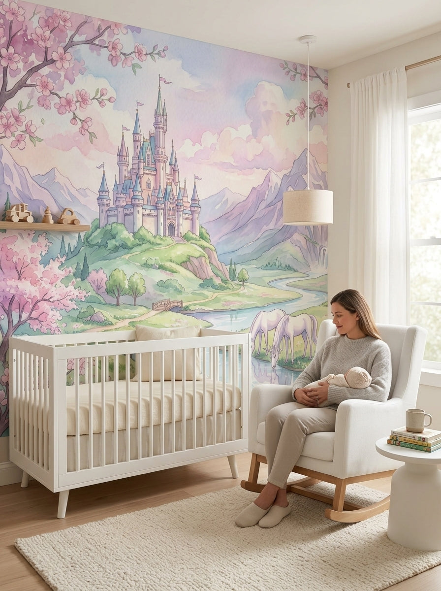 Pink fairytale castle wallpaper in a nursery with a white crib and a rocking chair.