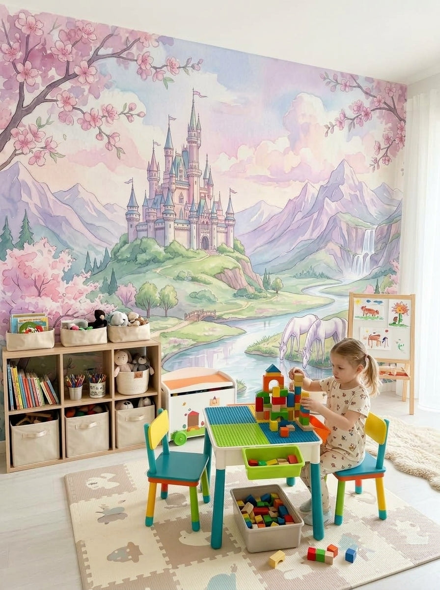 Pink fairytale castle wallpaper in a playroom with a building-block table.