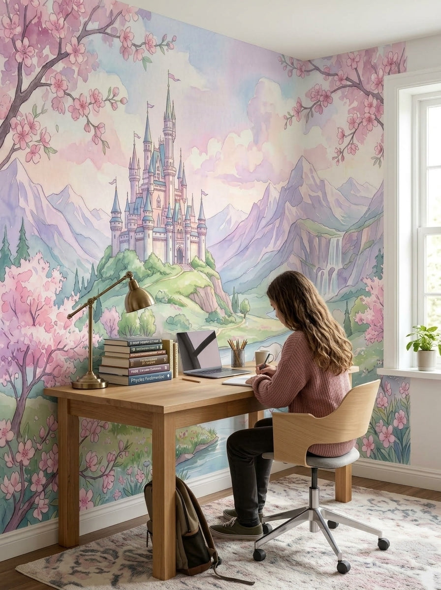 Pink fairytale castle wallpaper behind a wooden desk in a study corner.