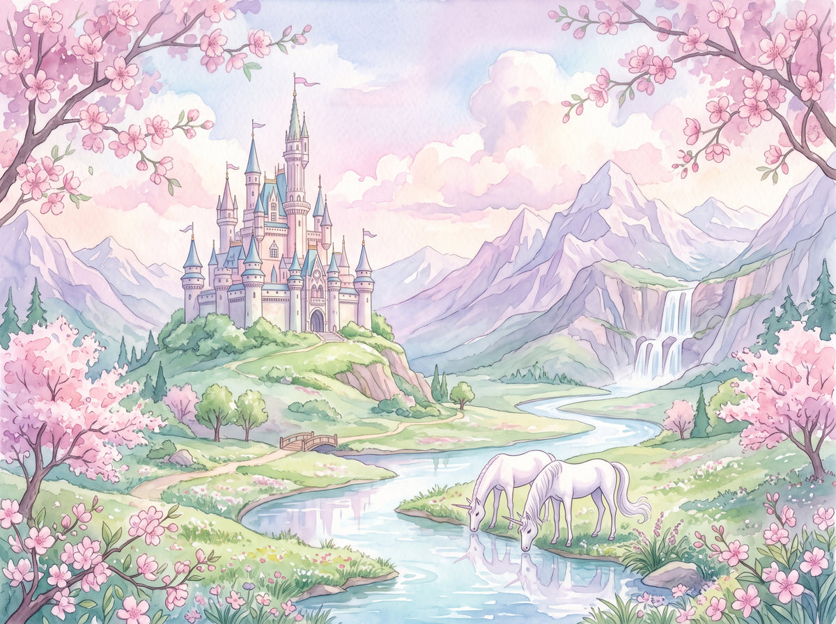 Pink Fairytale Castle Wallpaper – Unicorns and Cherry Blossoms