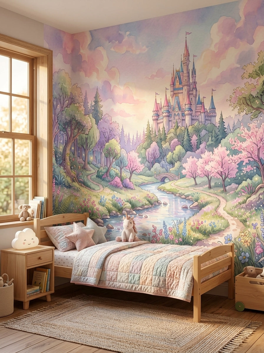 Pastel fairytale forest wallpaper in a bedroom with a wooden bed and a pastel quilt.