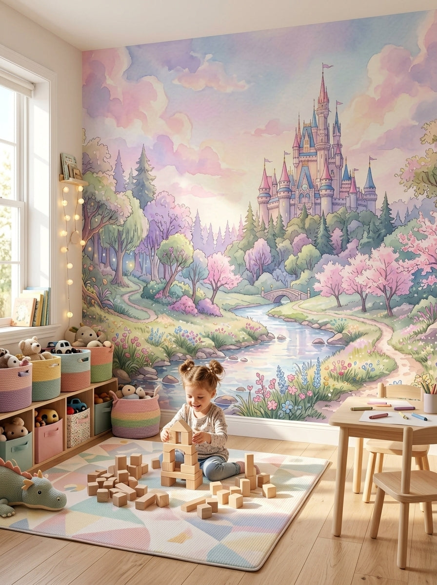 Pastel fairytale forest wallpaper in a playroom with wooden blocks and toy baskets.