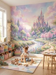 Pastel fairytale forest wallpaper in a playroom with wooden blocks and toy baskets.