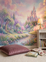 Pastel fairytale forest wallpaper in a reading corner with a floor cushion and a bookcase.