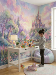 Pastel fairytale forest wallpaper above a white kids’ desk with a lamp and building blocks.