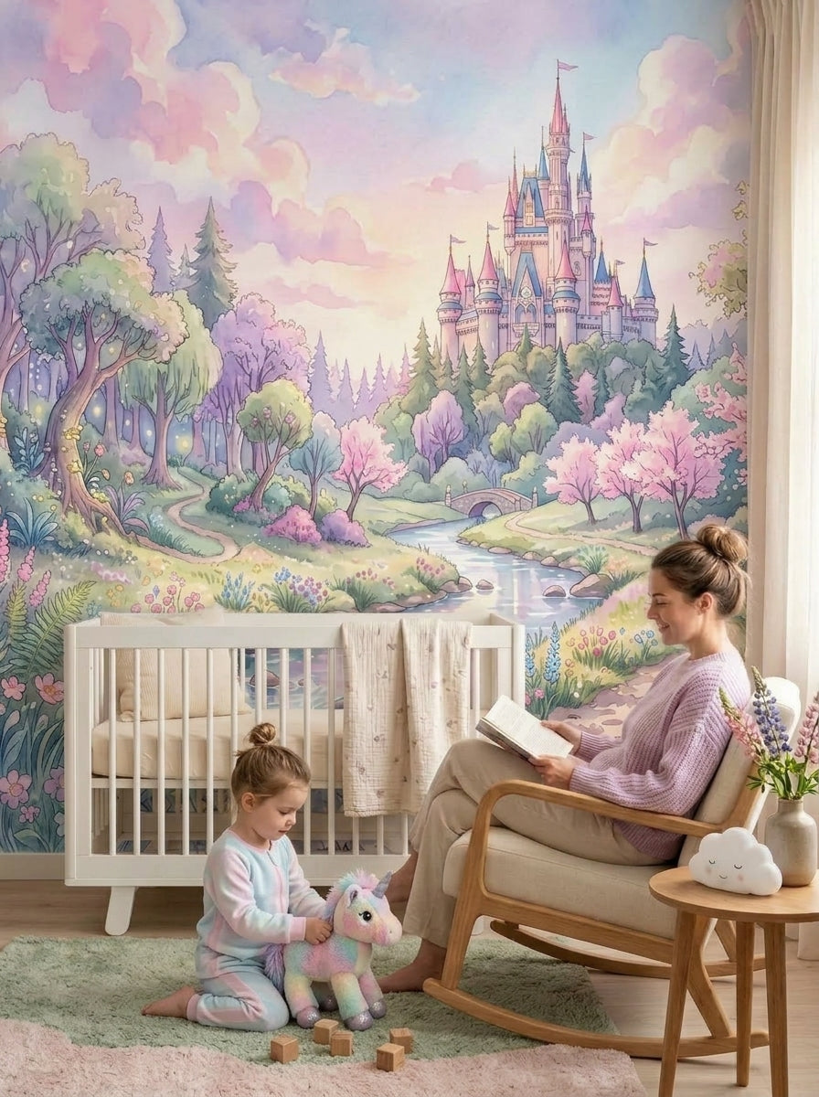 Pastel fairytale forest wallpaper in a nursery with a white crib and a rocking chair.