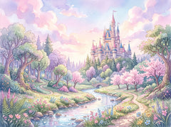 Pastel fairytale wallpaper with a pink castle, an enchanted forest, blossoming trees, a stone bridge and a river at sunset.