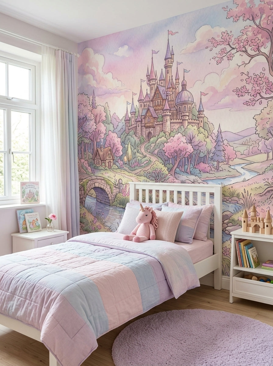 Storybook castle wallpaper in a girl’s bedroom with a white bed and pastel bedding.