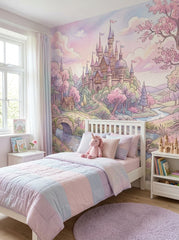 Storybook castle wallpaper in a girl’s bedroom with a white bed and pastel bedding.