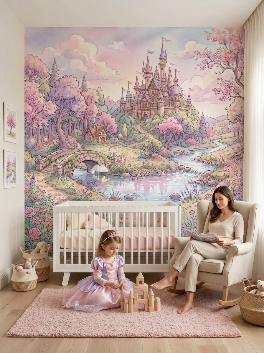 Storybook castle wallpaper in a nursery with a white crib and a rocking chair.