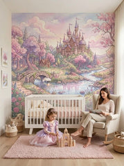 Storybook castle wallpaper in a nursery with a white crib and a rocking chair.