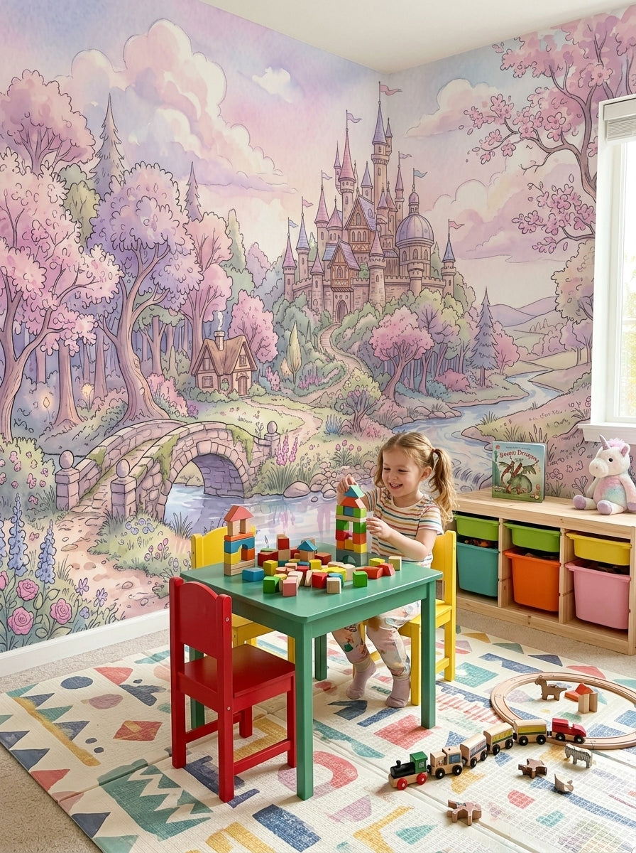 Storybook castle wallpaper in a playroom with a colourful play table and a toy train.