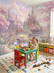Storybook castle wallpaper in a playroom with a colourful play table and a toy train.
