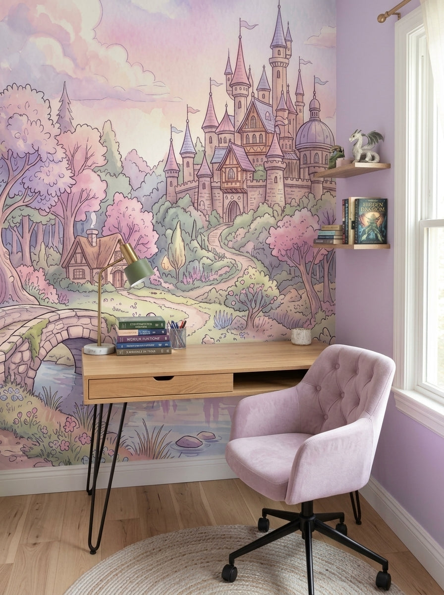Storybook castle wallpaper in a study corner with a lilac chair and lavender walls.