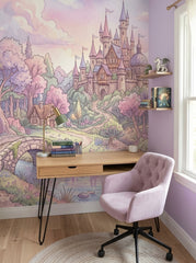 Storybook castle wallpaper in a study corner with a lilac chair and lavender walls.