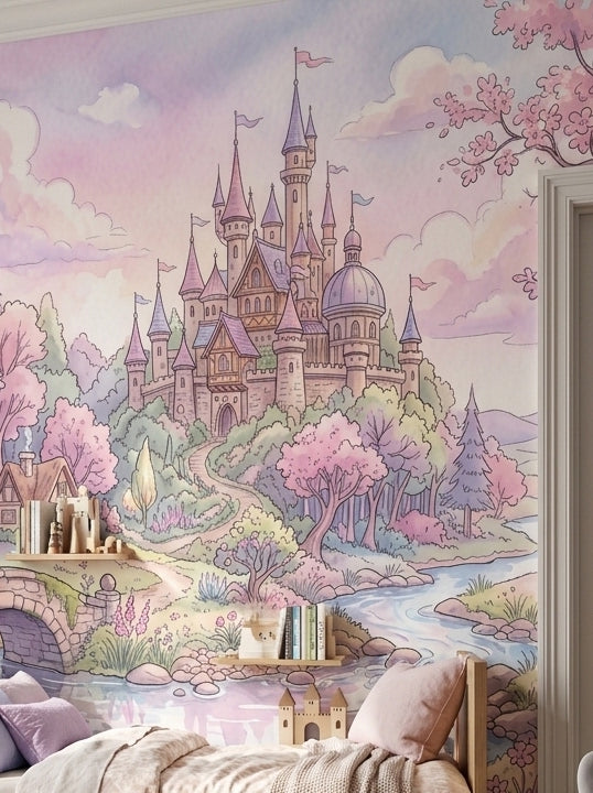Storybook castle wallpaper behind a bed with pillows and a small shelf.