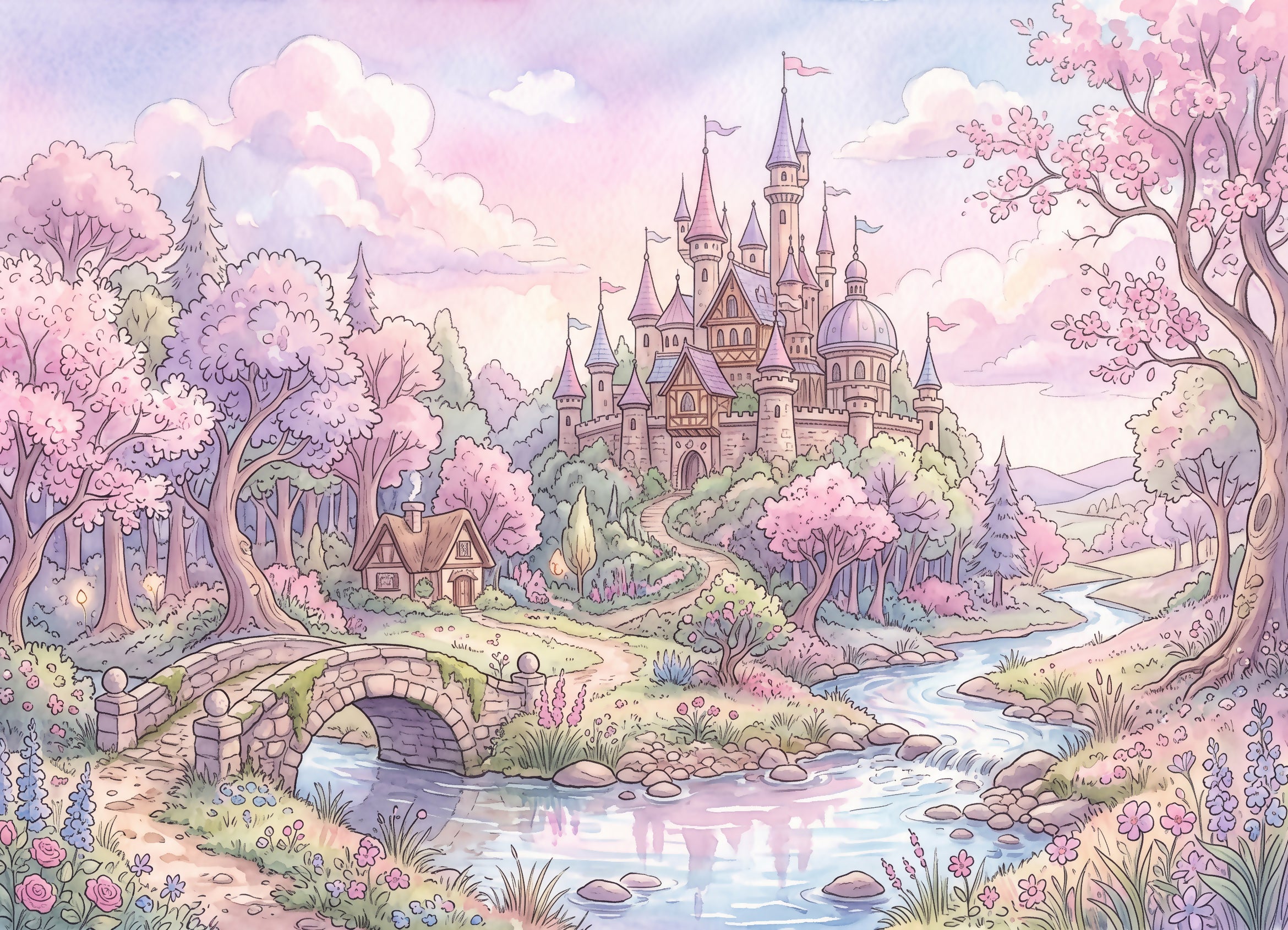 Storybook castle wallpaper in pink and lavender with a forest cottage, an old stone bridge, blossoming trees and a stream.