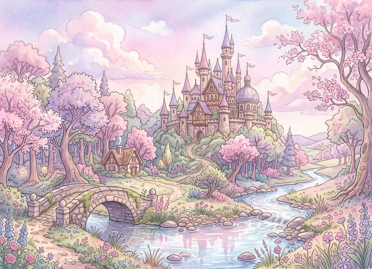 Storybook Castle Wallpaper – Pink Forest and Stone Bridge