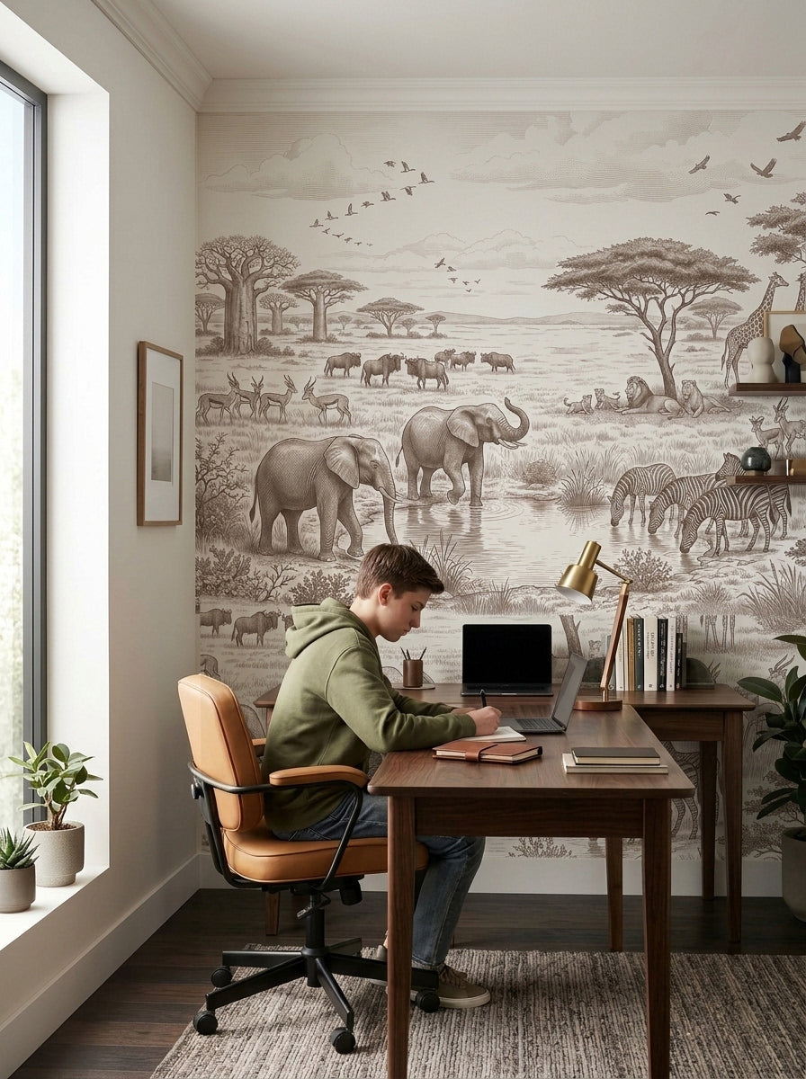 Sepia safari animals wallpaper in a home office with a dark wood desk and a leather chair.