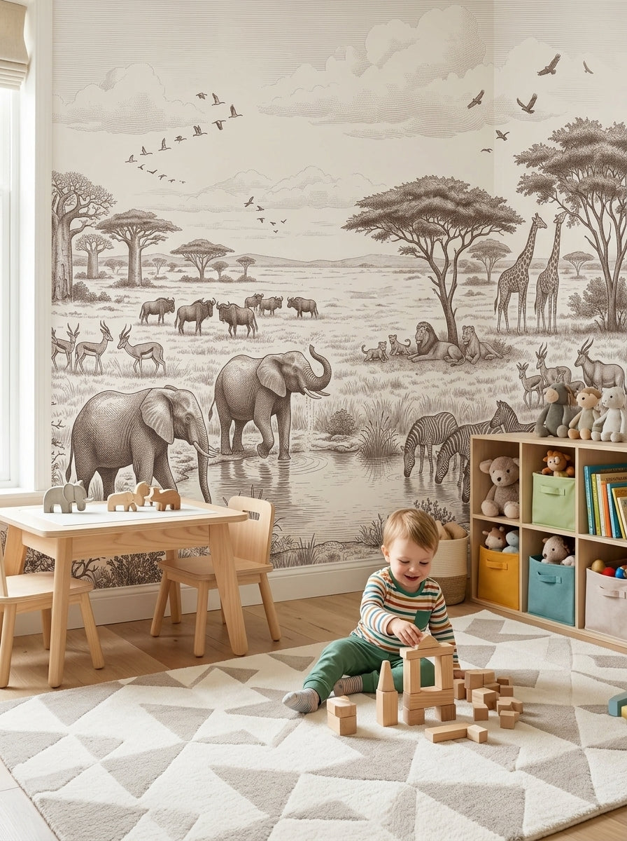 Sepia safari animals wallpaper in a playroom with a play table and toy shelves.