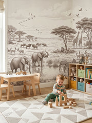 Sepia safari animals wallpaper in a playroom with a play table and toy shelves.