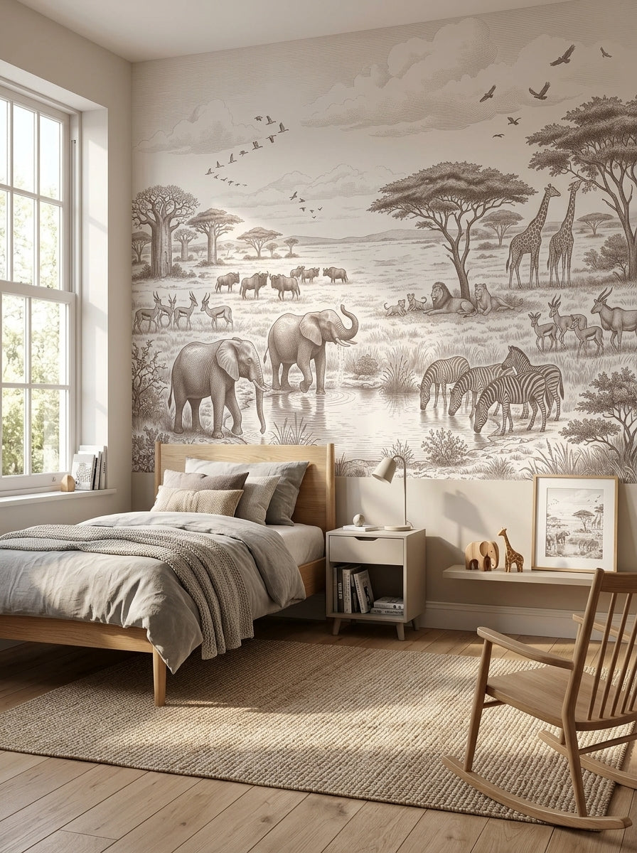 Sepia safari animals wallpaper in a bedroom with a wooden bed and a rocking chair.