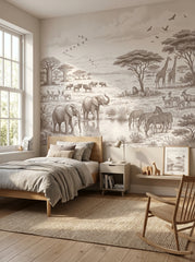 Sepia safari animals wallpaper in a bedroom with a wooden bed and a rocking chair.