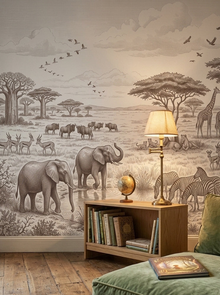Sepia safari animals wallpaper in a reading corner with a bookshelf, a globe and a green cushion.