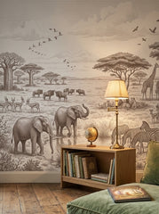 Sepia safari animals wallpaper in a reading corner with a bookshelf, a globe and a green cushion.