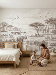 Sepia safari animals wallpaper in a bedroom with a low wooden bed and a jute rug.