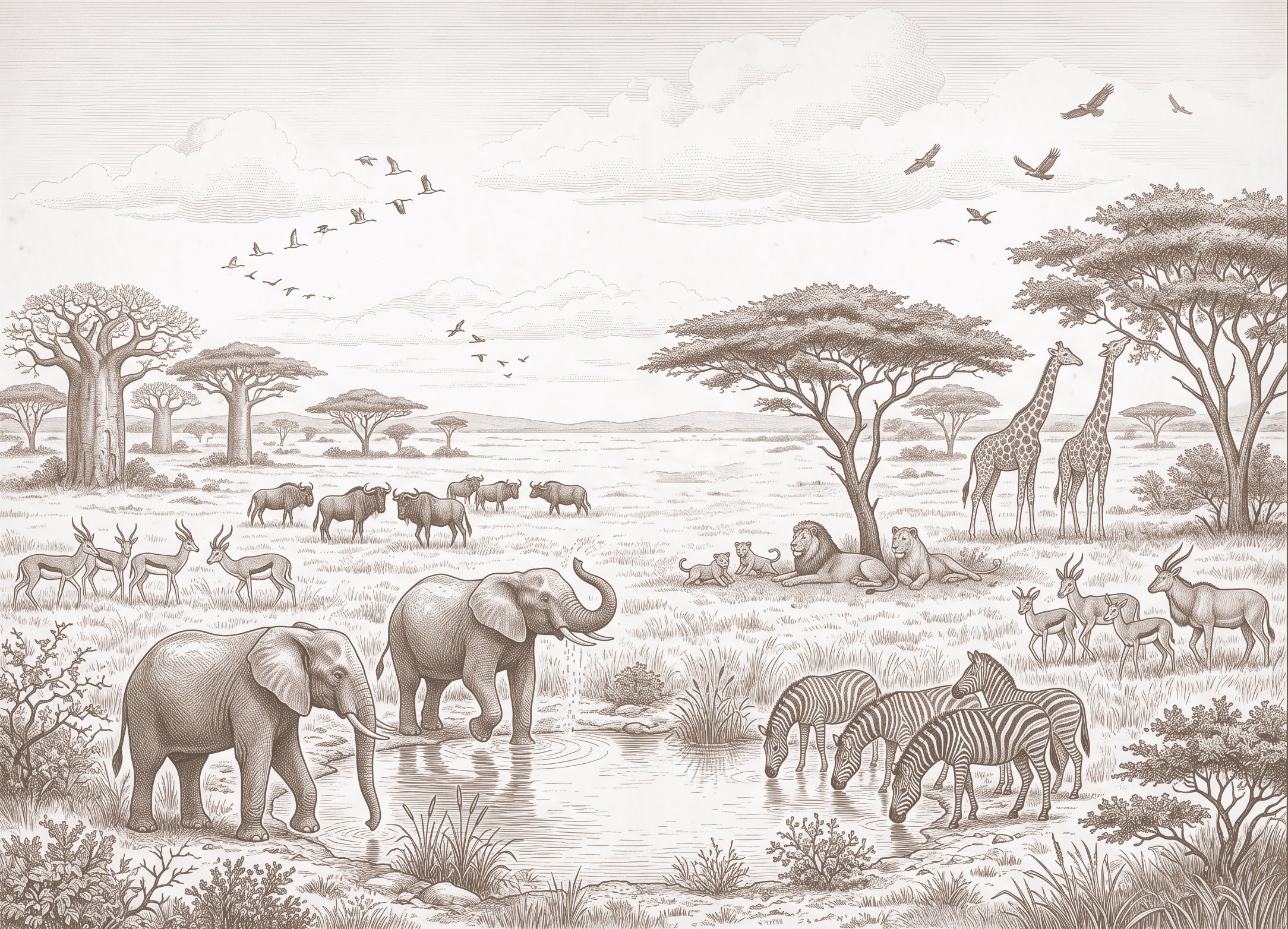 Sepia engraving-style safari wallpaper with elephants, giraffes, zebras, a lion, antelope and baobab trees on the savanna.