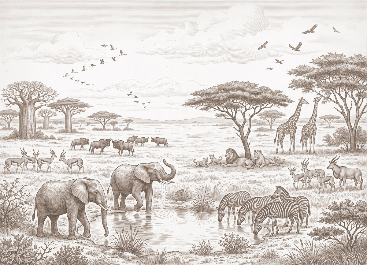 Safari Animals Wallpaper – Elephants and Giraffes Sepia Mural