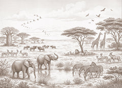 Sepia engraving-style safari wallpaper with elephants, giraffes, zebras, a lion, antelope and baobab trees on the savanna.