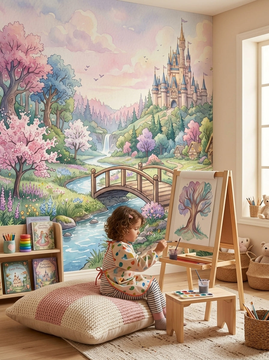 Enchanted castle wallpaper in a kids’ art corner with an easel and picture books.