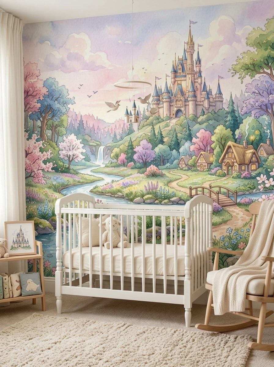 Enchanted castle wallpaper in a nursery with a white crib and a rocking chair.