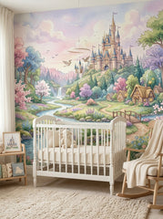Enchanted castle wallpaper in a nursery with a white crib and a rocking chair.