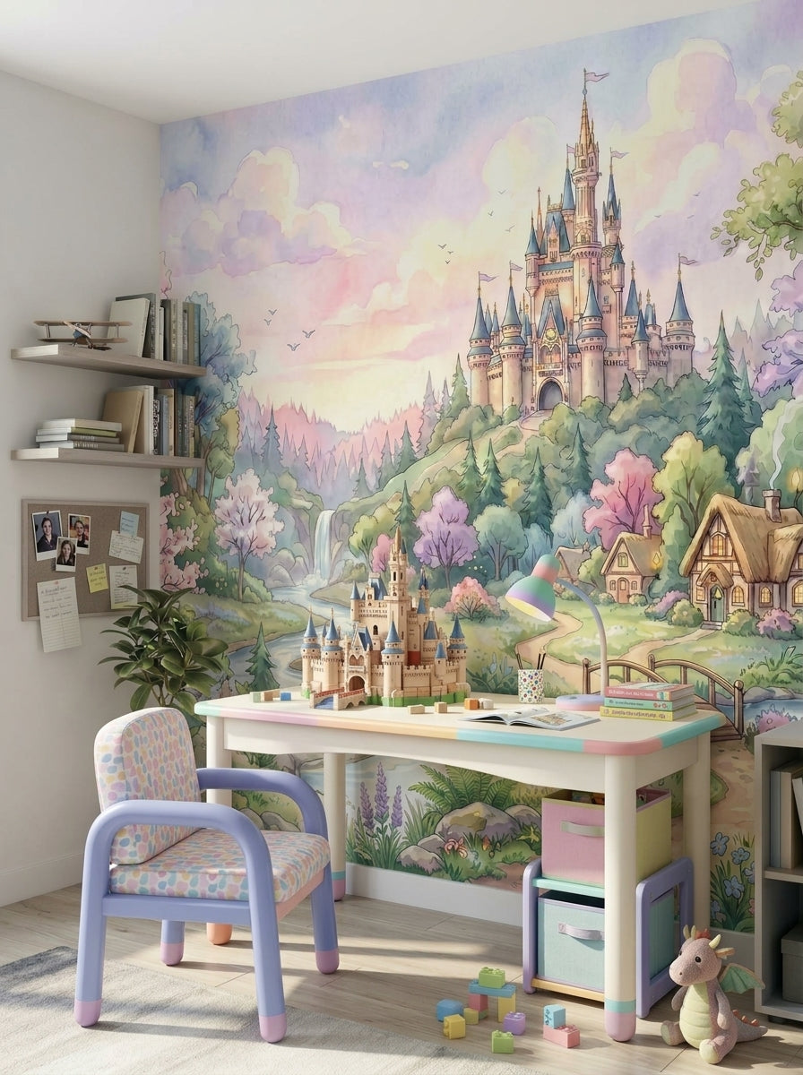 Enchanted castle wallpaper above a pastel kids’ desk with a lilac chair.