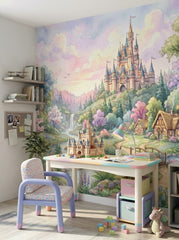 Enchanted castle wallpaper above a pastel kids’ desk with a lilac chair.