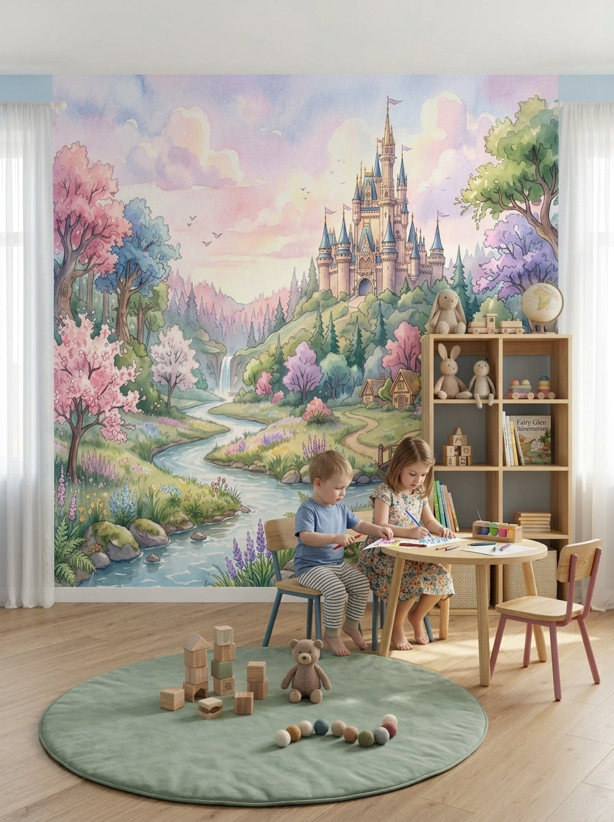 Enchanted castle wallpaper in a playroom with a round table and wooden blocks.