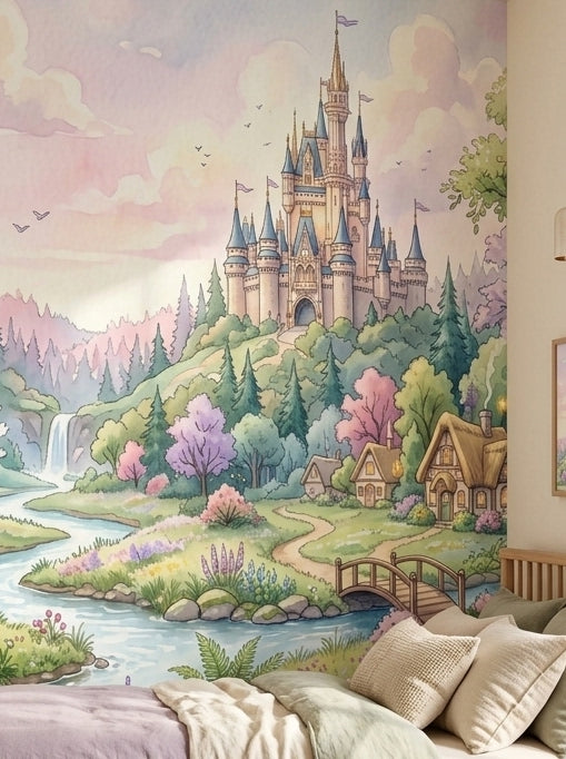 Enchanted castle wallpaper behind a bed with lilac bedding and cushions.