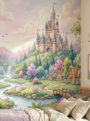 Enchanted castle wallpaper behind a bed with lilac bedding and cushions.