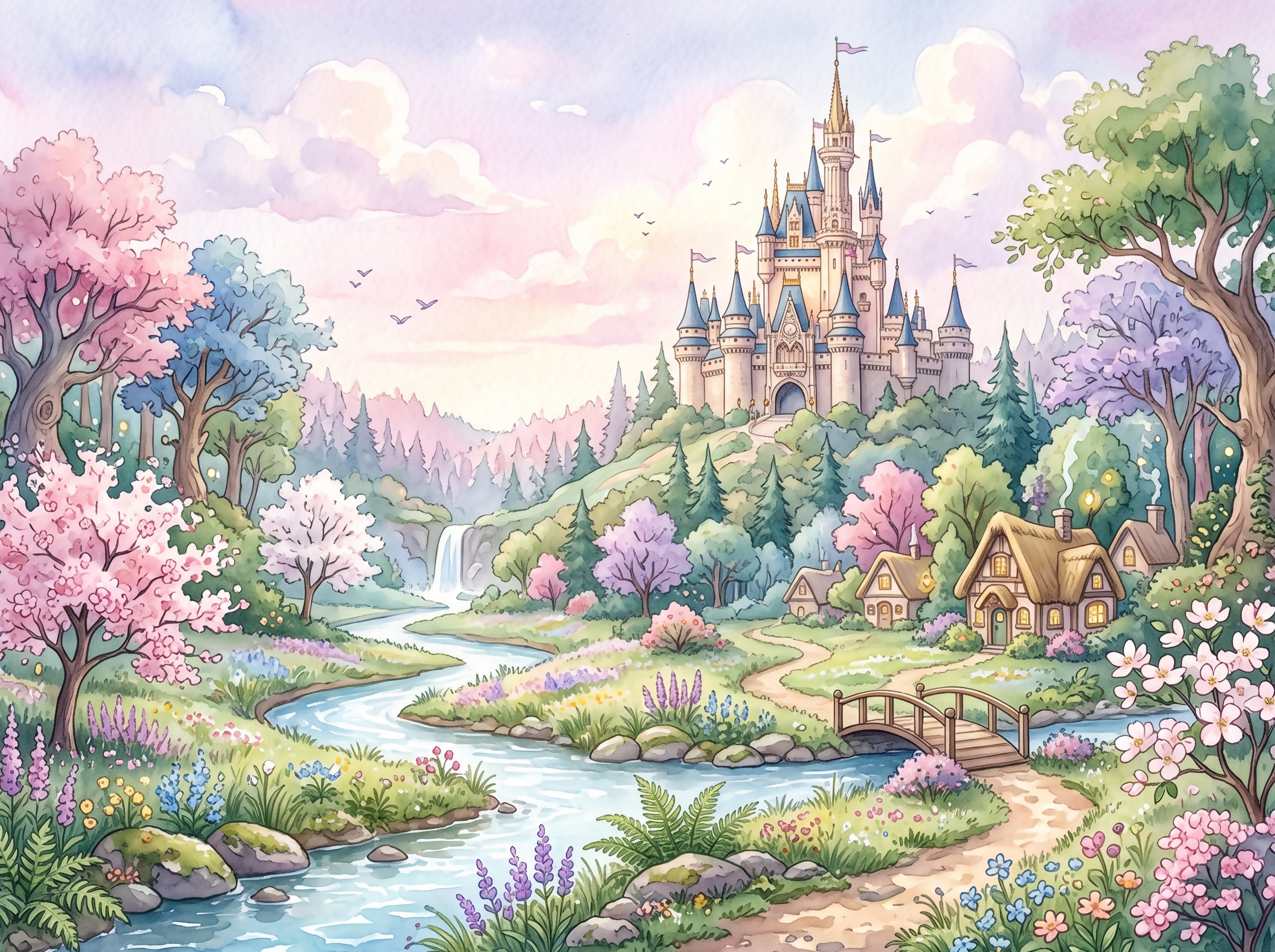 Pastel enchanted castle wallpaper with a waterfall, a thatched cottage, a wooden bridge, blossoming trees and a river.
