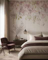 Blush flowers and butterflies wallpaper in a designer bedroom.