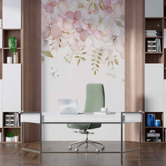 Custom Delicate Blush Floral Wall Mural Wallpaper with Butterflies