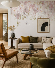 Blush flowers and butterflies wallpaper in a designer living room.