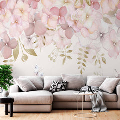 Custom Delicate Blush Floral Wall Mural Wallpaper with Butterflies