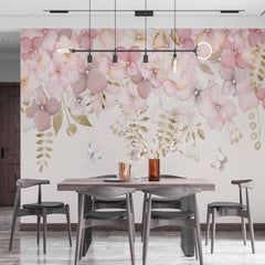 Custom Delicate Blush Floral Wall Mural Wallpaper with Butterflies